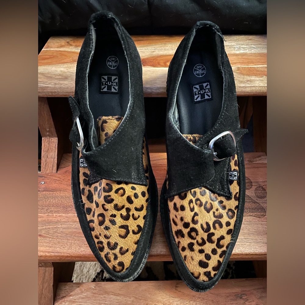 T.U.K. Leopard and black creepers. Slip on loafer style with buckle detail.